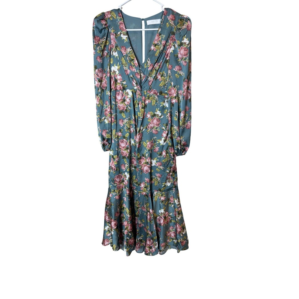 ASTR The Label Dress Womens XS Blue Floral V Neck Long Sleeve Midi ADR101926‎